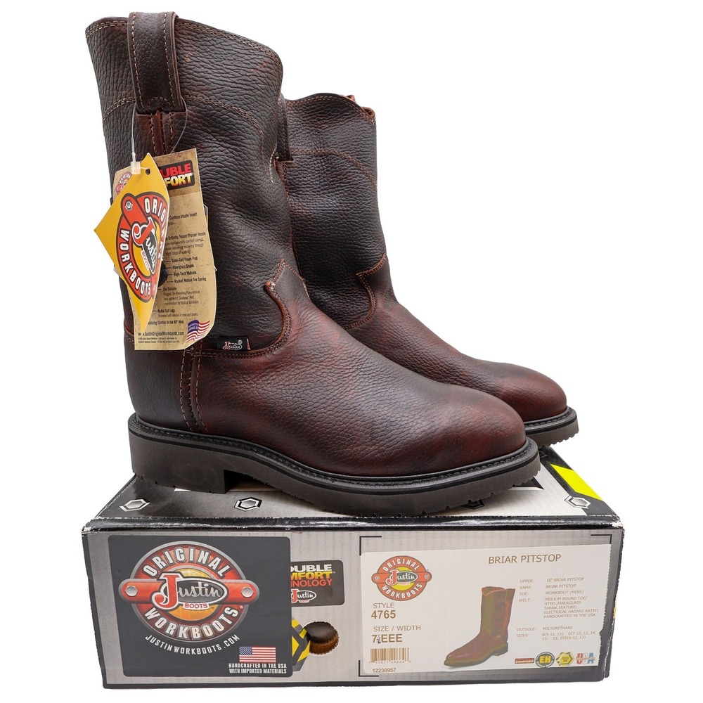 Justin 4765 Work Boots Mens 7.5 EEE Briar Pitstop Leather Pull On NWT USA Made